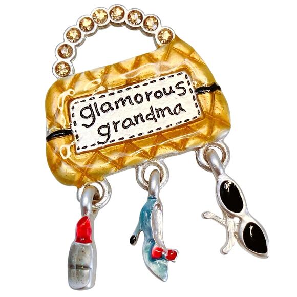 VTG AJMC Y2K Novelty Glamorous Grandma Handbag Charm Brooch Enamel Signed - Picture 1 of 10